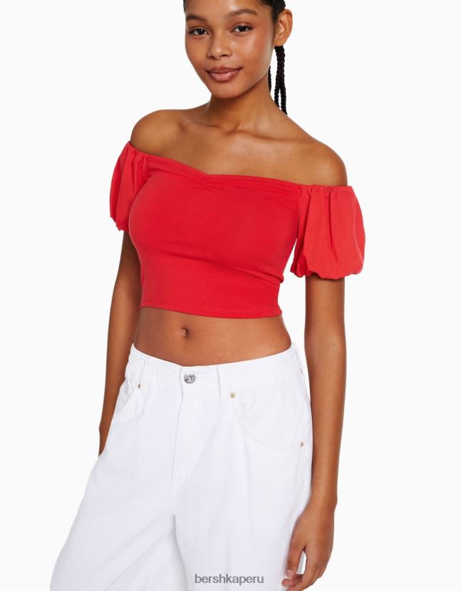 rojo Bershka mujer top de popelina de algodón de manga corta 806J6B381