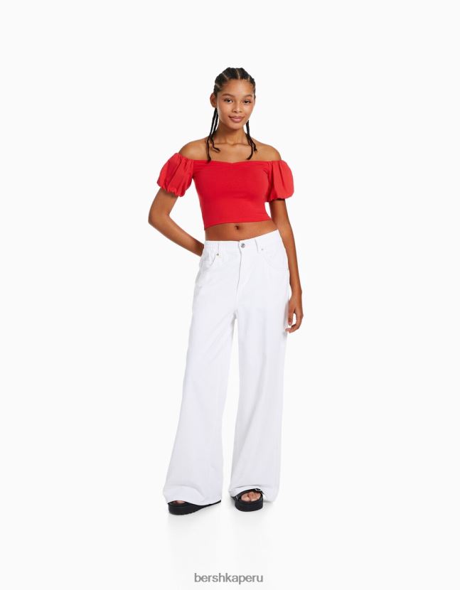 rojo Bershka mujer top de popelina de algodón de manga corta 806J6B381