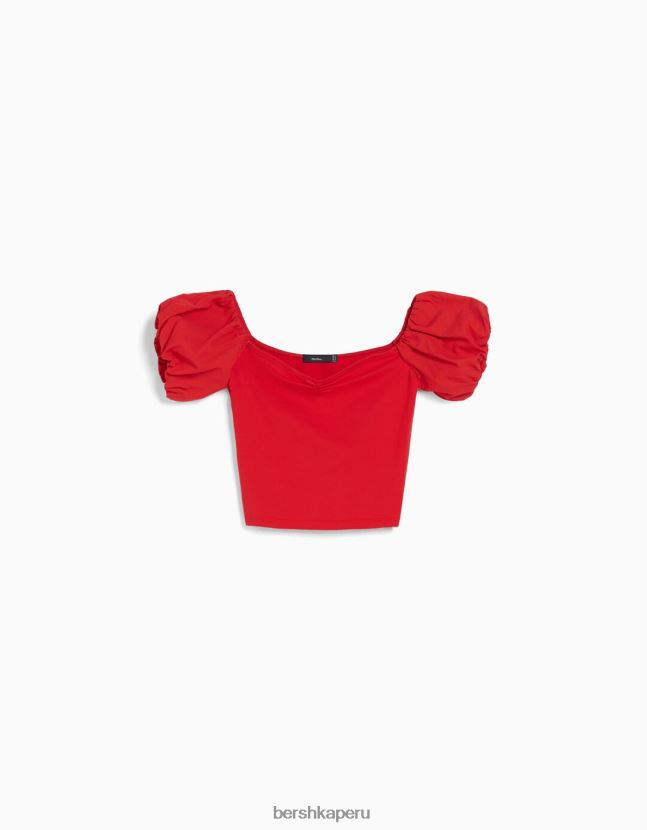 rojo Bershka mujer top de popelina de algodón de manga corta 806J6B381