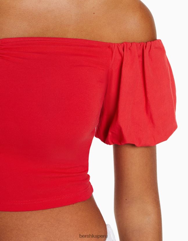 rojo Bershka mujer top de popelina de algodón de manga corta 806J6B381