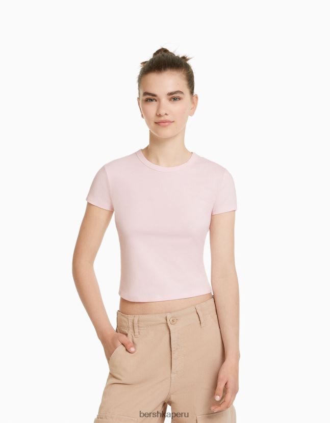 rosa Bershka mujer camiseta ajustada de manga corta 806J6B618