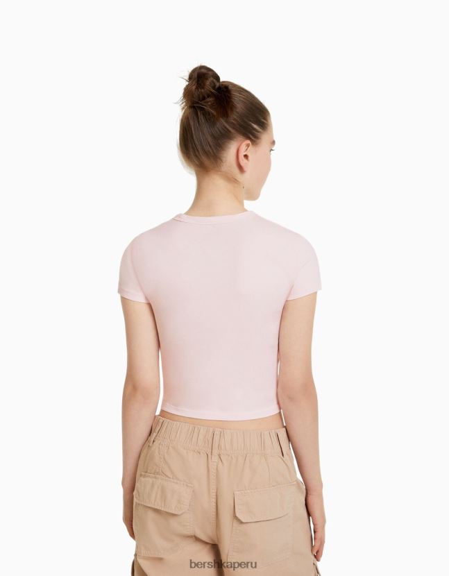 rosa Bershka mujer camiseta ajustada de manga corta 806J6B618