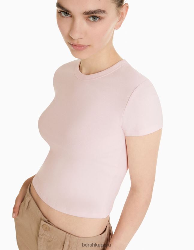 rosa Bershka mujer camiseta ajustada de manga corta 806J6B618