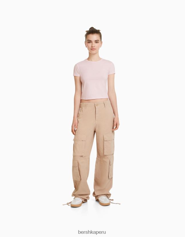 rosa Bershka mujer camiseta ajustada de manga corta 806J6B618