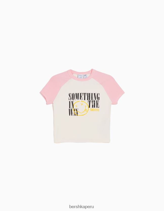 rosa Bershka mujer camiseta con estampado de nirvana y mangas raglán cortas 806J6B470