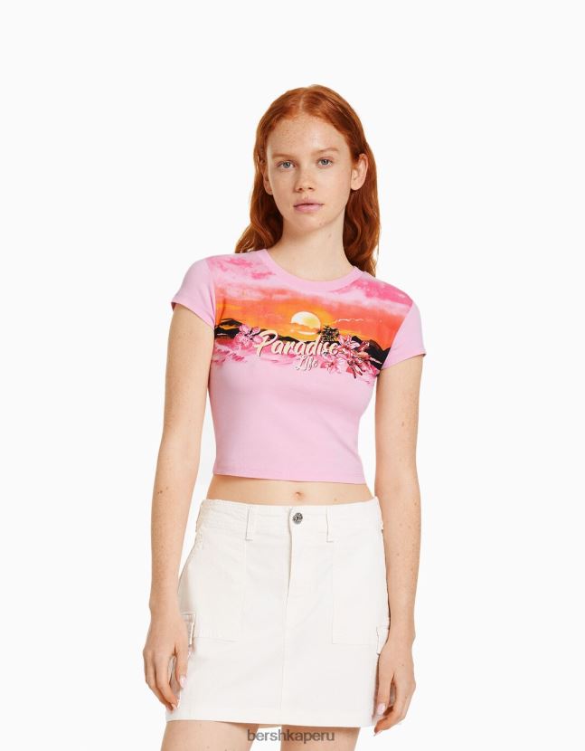 rosa Bershka mujer camiseta de manga corta con estampado 806J6B294