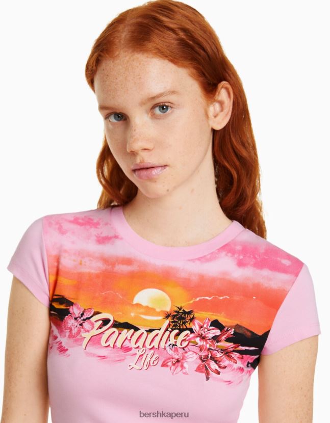 rosa Bershka mujer camiseta de manga corta con estampado 806J6B294