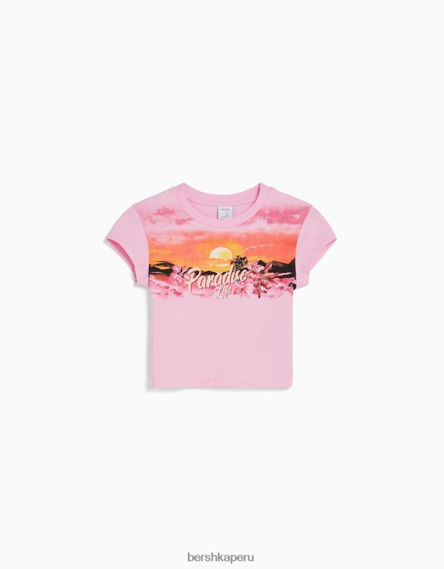 rosa Bershka mujer camiseta de manga corta con estampado 806J6B294