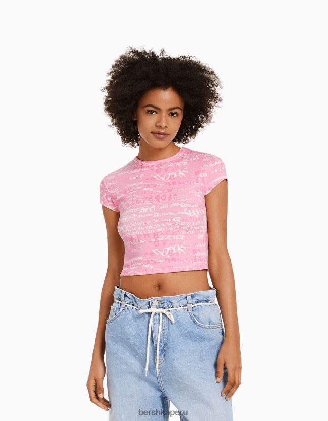 rosa Bershka mujer camiseta de manga corta con estampado 806J6B597