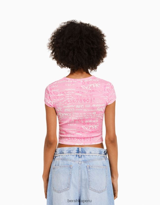 rosa Bershka mujer camiseta de manga corta con estampado 806J6B597