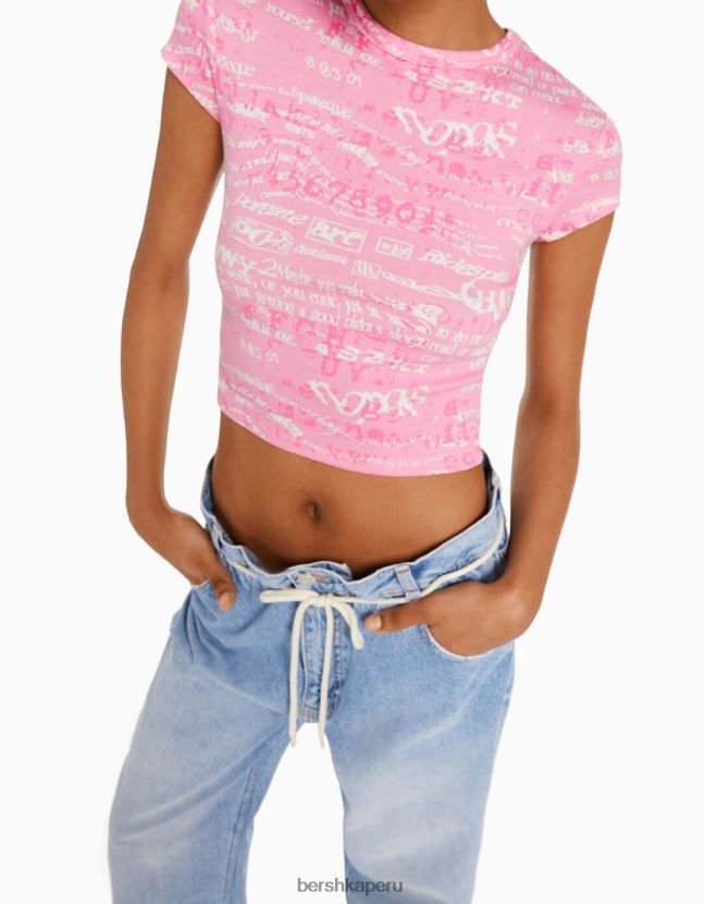 rosa Bershka mujer camiseta de manga corta con estampado 806J6B597