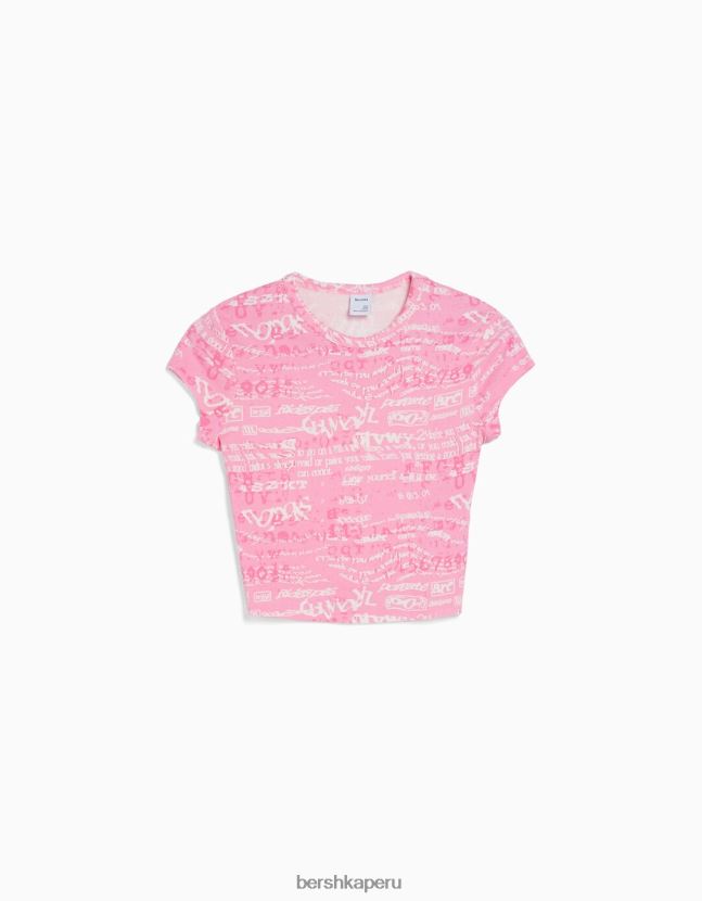 rosa Bershka mujer camiseta de manga corta con estampado 806J6B597
