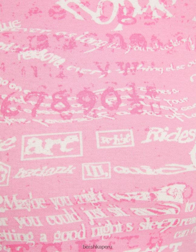 rosa Bershka mujer camiseta de manga corta con estampado 806J6B597