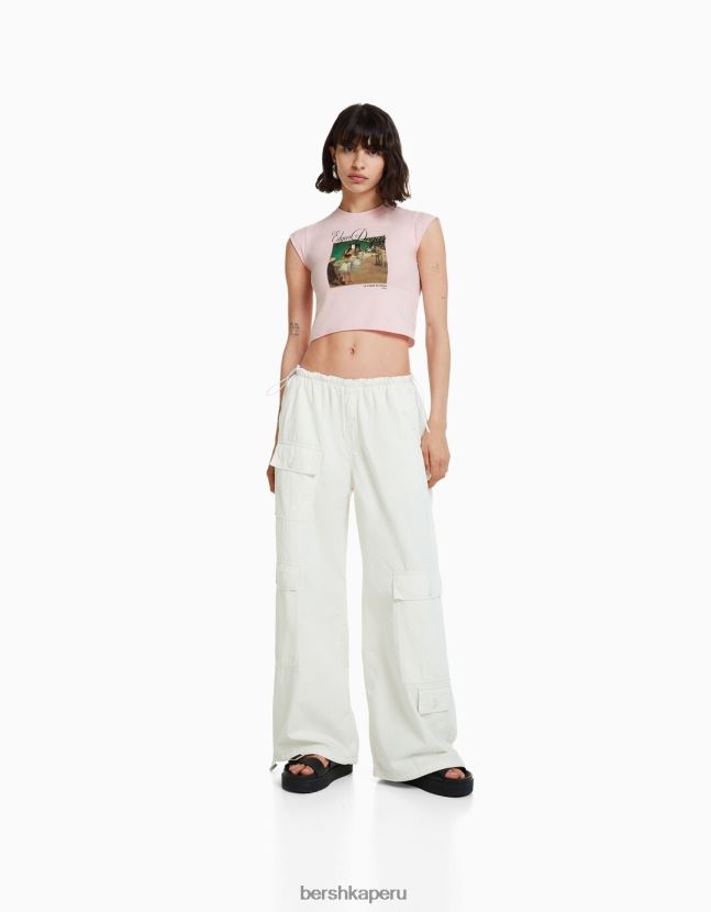 rosa Bershka mujer camiseta de manga corta con estampado de serie de arte 806J6B438