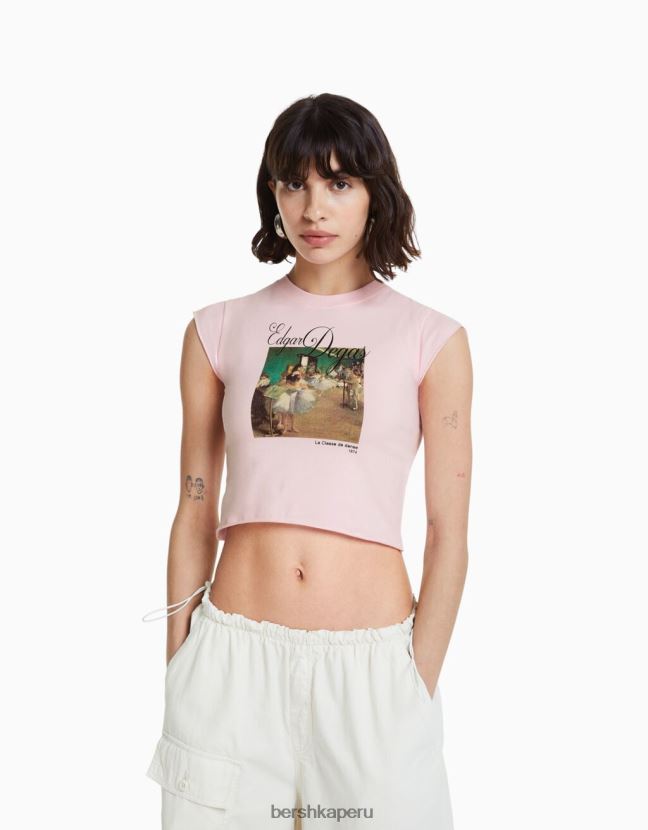 rosa Bershka mujer camiseta de manga corta con estampado de serie de arte 806J6B439