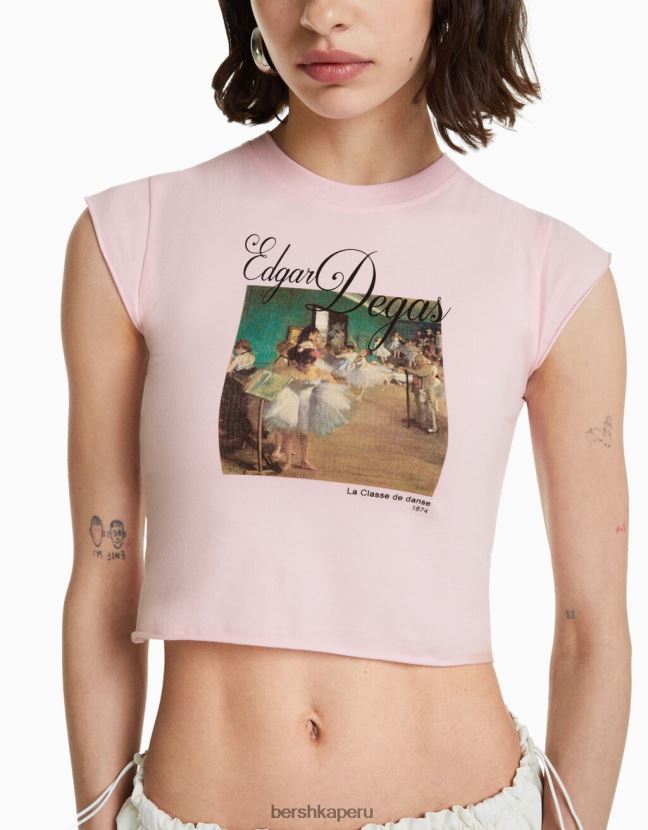 rosa Bershka mujer camiseta de manga corta con estampado de serie de arte 806J6B439