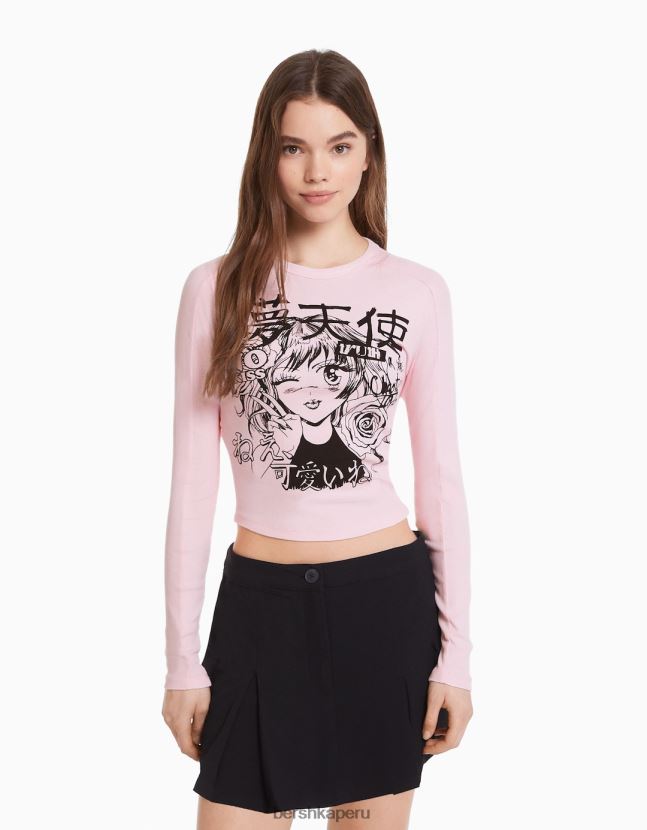 rosa Bershka mujer camiseta de manga larga con estampado de anime 806J6B645