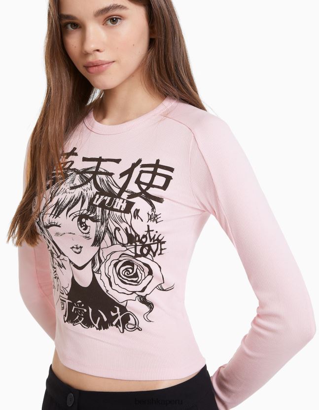 rosa Bershka mujer camiseta de manga larga con estampado de anime 806J6B645