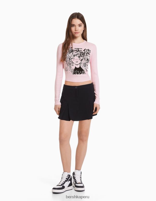 rosa Bershka mujer camiseta de manga larga con estampado de anime 806J6B645