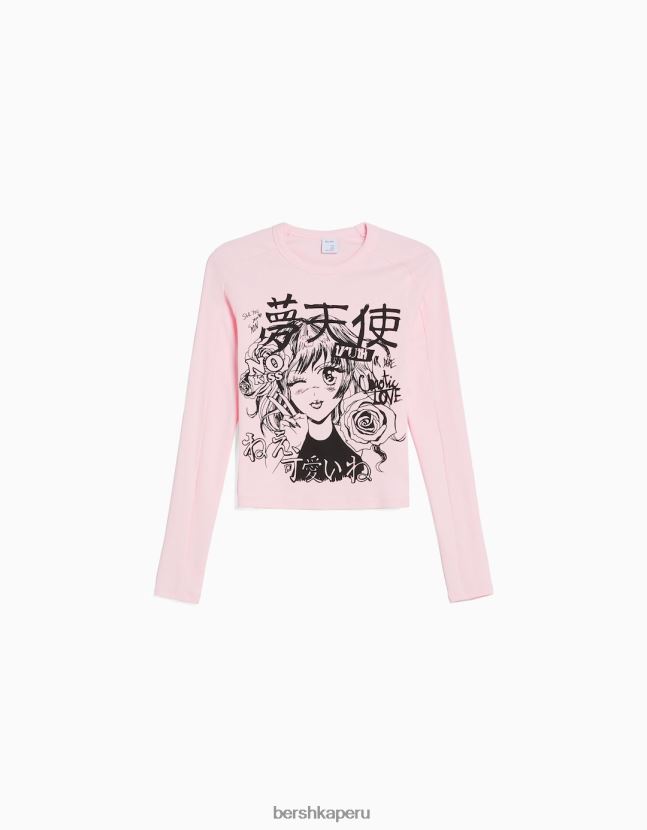 rosa Bershka mujer camiseta de manga larga con estampado de anime 806J6B645