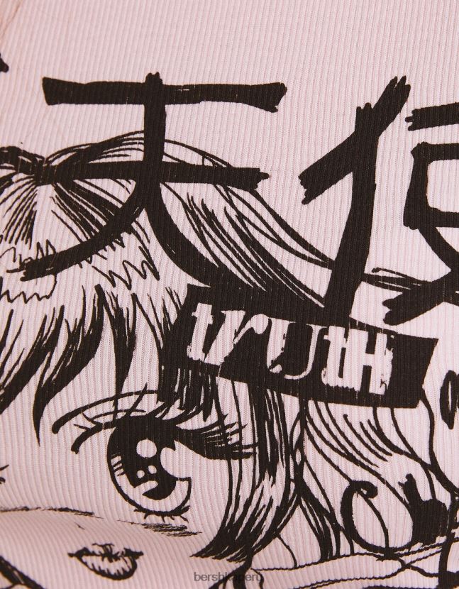 rosa Bershka mujer camiseta de manga larga con estampado de anime 806J6B645