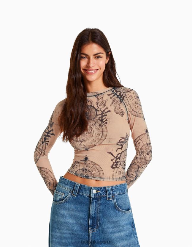 rosa Bershka mujer camiseta de manga larga con manga raglán de tul 806J6B426