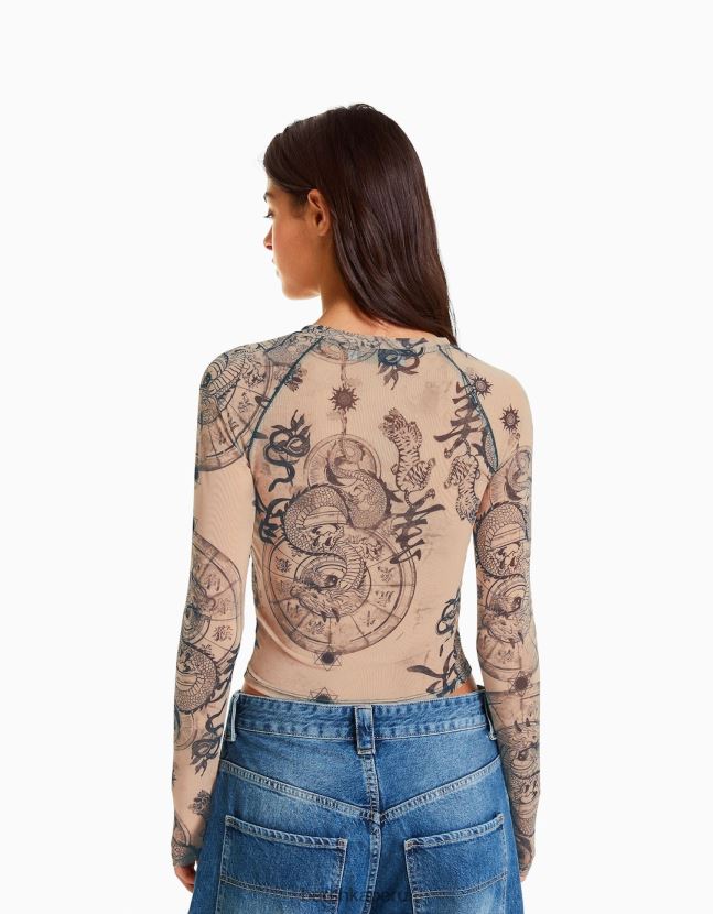 rosa Bershka mujer camiseta de manga larga con manga raglán de tul 806J6B426