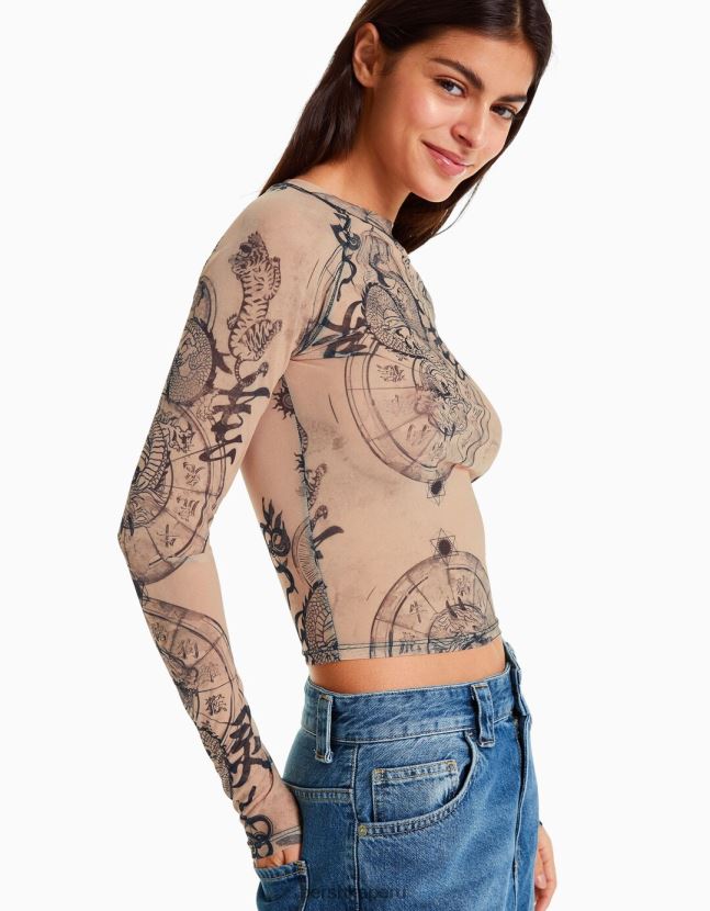 rosa Bershka mujer camiseta de manga larga con manga raglán de tul 806J6B426