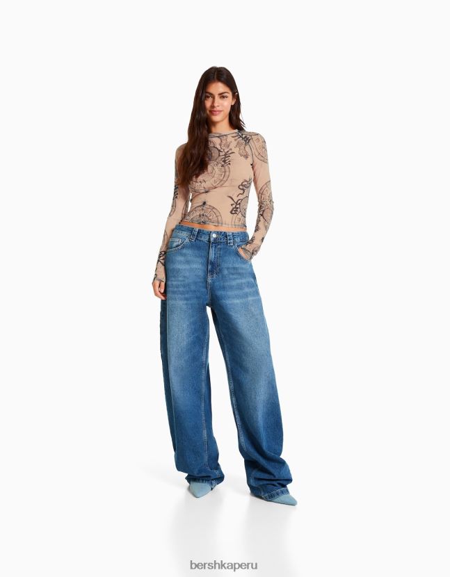rosa Bershka mujer camiseta de manga larga con manga raglán de tul 806J6B426