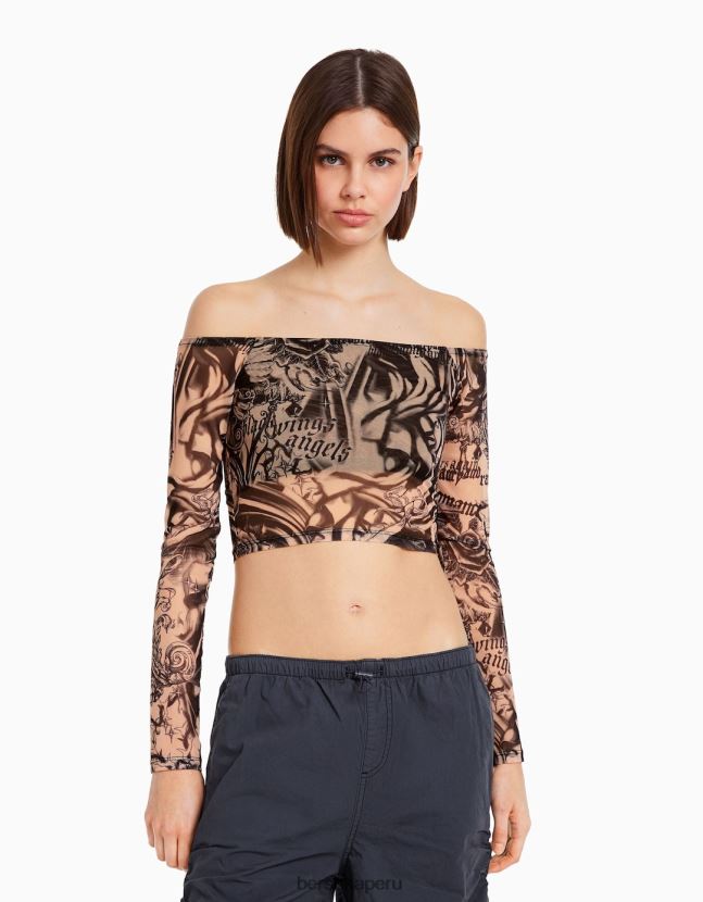 rosa Bershka mujer camiseta de manga larga de tul con hombros descubiertos 806J6B486