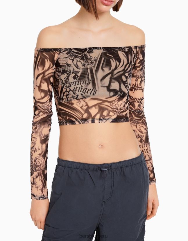 rosa Bershka mujer camiseta de manga larga de tul con hombros descubiertos 806J6B486