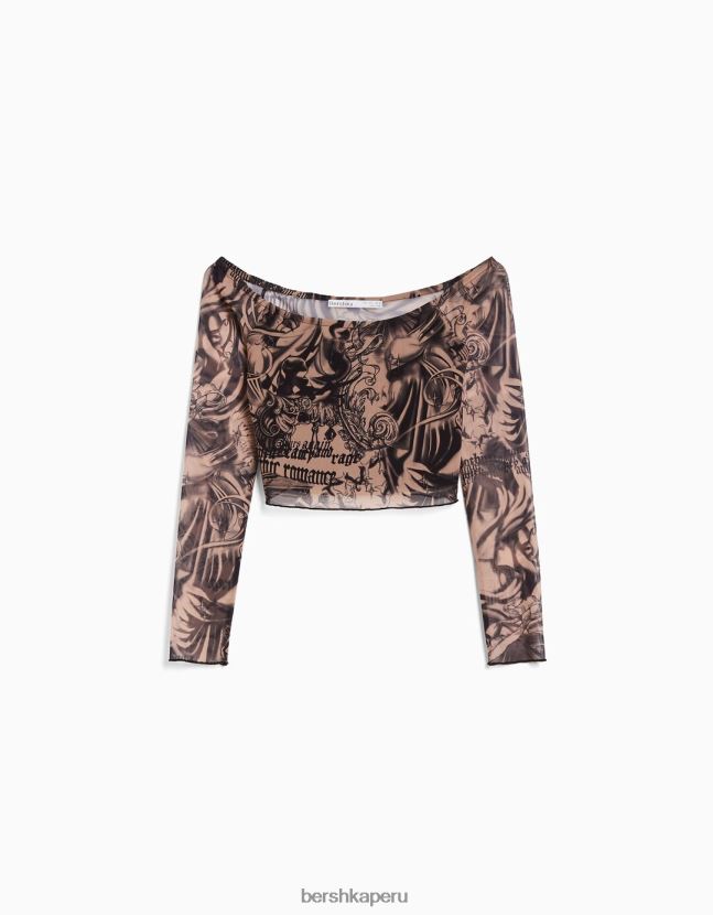 rosa Bershka mujer camiseta de manga larga de tul con hombros descubiertos 806J6B486