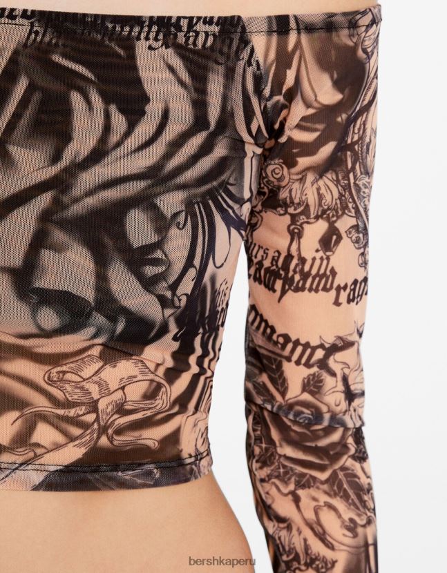 rosa Bershka mujer camiseta de manga larga de tul con hombros descubiertos 806J6B486