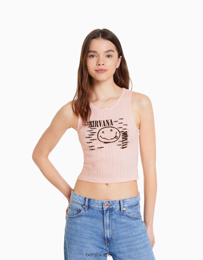 rosa Bershka mujer camiseta sin mangas de punto pointelle con estampado de nirvana 806J6B627
