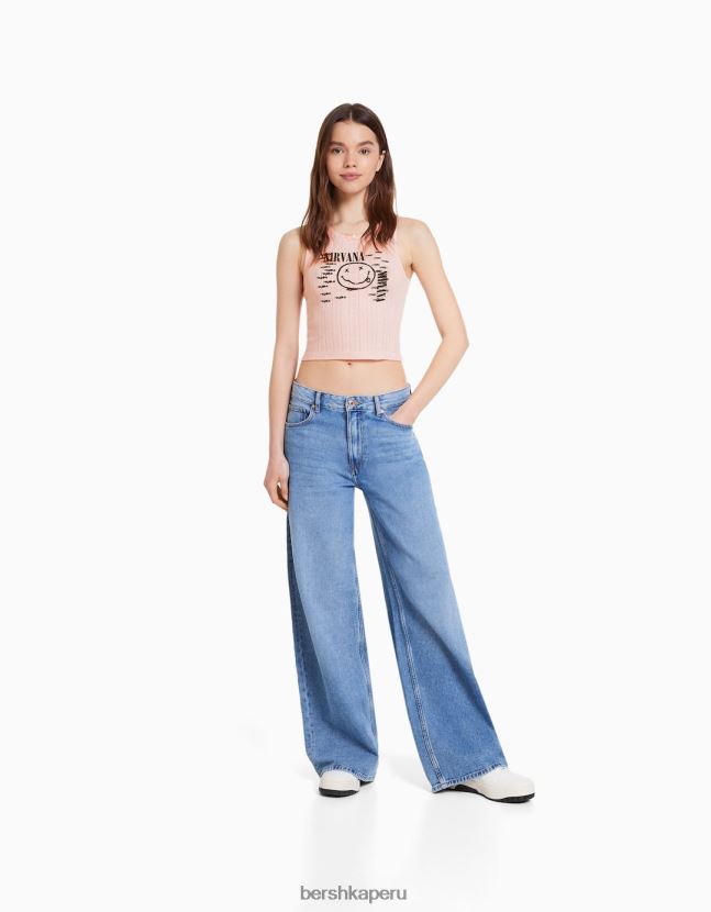 rosa Bershka mujer camiseta sin mangas de punto pointelle con estampado de nirvana 806J6B627