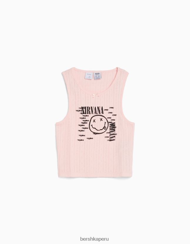 rosa Bershka mujer camiseta sin mangas de punto pointelle con estampado de nirvana 806J6B627