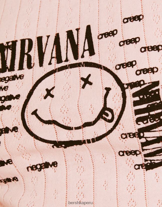 rosa Bershka mujer camiseta sin mangas de punto pointelle con estampado de nirvana 806J6B627