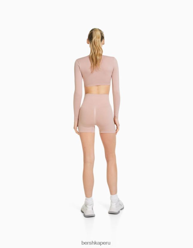 rosa Bershka mujer playera corta sin costuras con cuello en V y manga larga 806J6B371