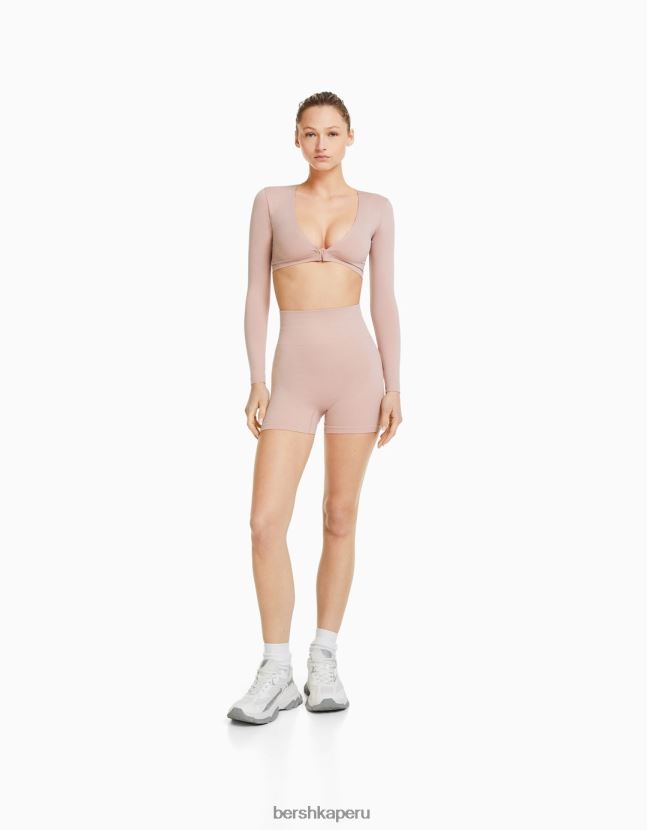 rosa Bershka mujer playera corta sin costuras con cuello en V y manga larga 806J6B371
