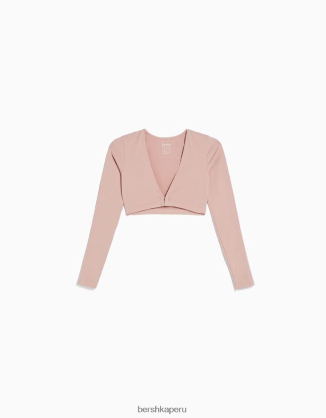 rosa Bershka mujer playera corta sin costuras con cuello en V y manga larga 806J6B371