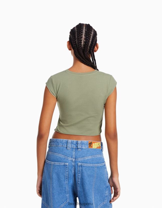 verde Bershka mujer camiseta cropped de manga corta con estampado 806J6B452
