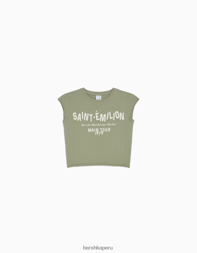 verde Bershka mujer camiseta cropped de manga corta con estampado 806J6B452