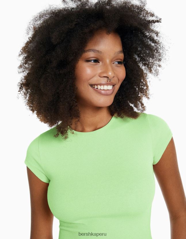 verde Bershka mujer camiseta de canalé manga corta 806J6B349