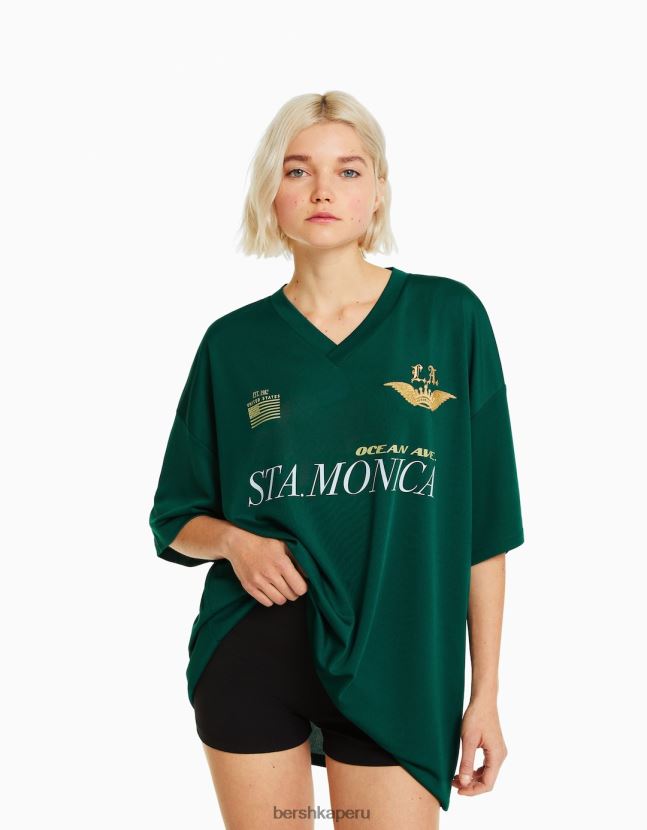 verde Bershka mujer camiseta de manga corta con cuello de polo de fútbol 806J6B561