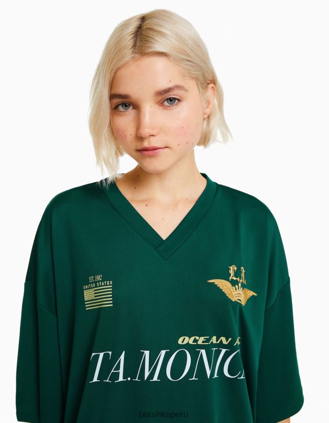 verde Bershka mujer camiseta de manga corta con cuello de polo de fútbol 806J6B561
