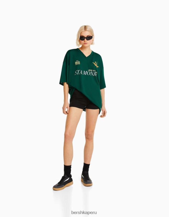 verde Bershka mujer camiseta de manga corta con cuello de polo de fútbol 806J6B561