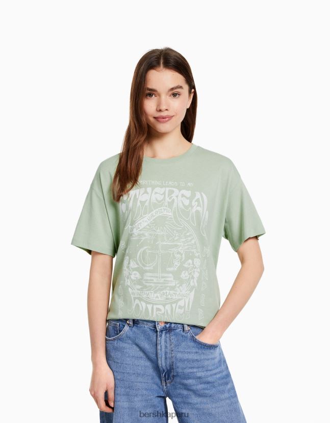 verde Bershka mujer camiseta de manga corta con estampado 806J6B505