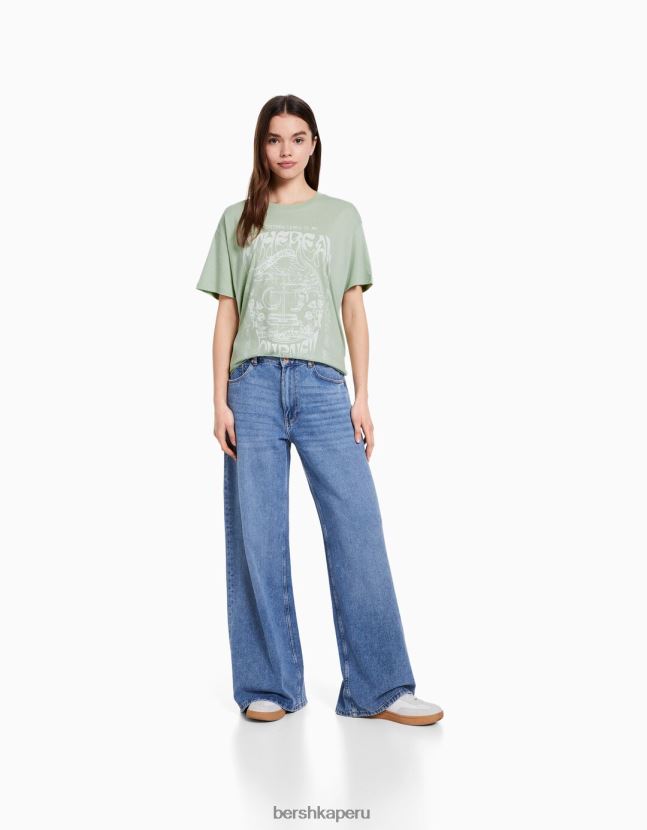 verde Bershka mujer camiseta de manga corta con estampado 806J6B505