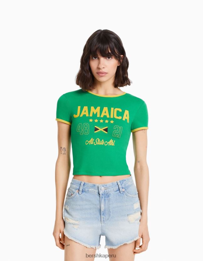 verde Bershka mujer camiseta de manga corta con estampado 806J6B588