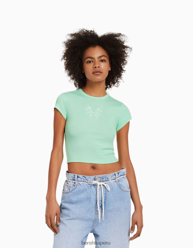 verde Bershka mujer camiseta de manga corta con estampado 806J6B598